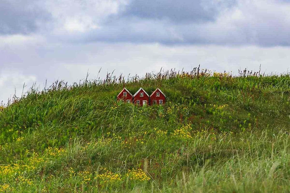 Tres peque&ntilde;as casas rojas enclavadas en una ladera cubierta de hierba, rodeadas de flores silvestres, bajo un cielo nublado, mezcl&aacute;ndose armoniosamente con el paisaje natural.
