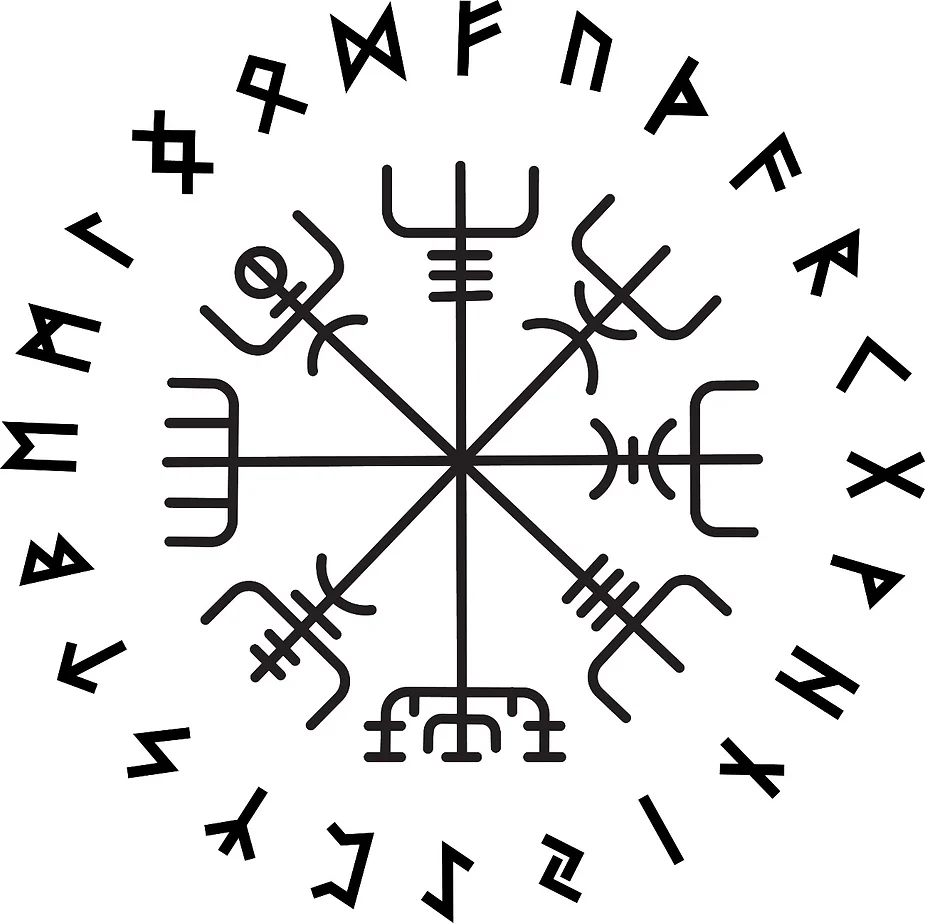 Brújula nórdica Vegvísir con runas del Futhark antiguo circundantes En el centro de la imagen se representa un símbolo nórdico circular conocido como Vegvísir o