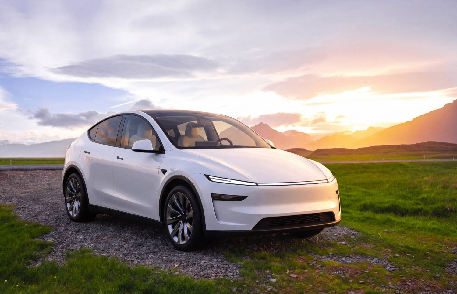 Tesla Model Y azul, SUV eléctrico con transmisión automática, GPS, cámara de reversa, asientos calefactables y espacio para 5 pasajeros y 2 maletas en Islandia.